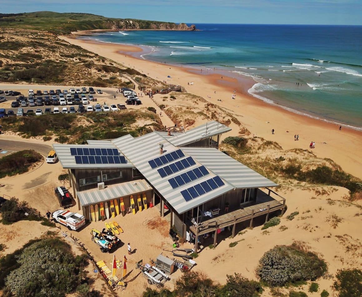Aerial photo of Woolamai Beach Surf Life Saving Club
